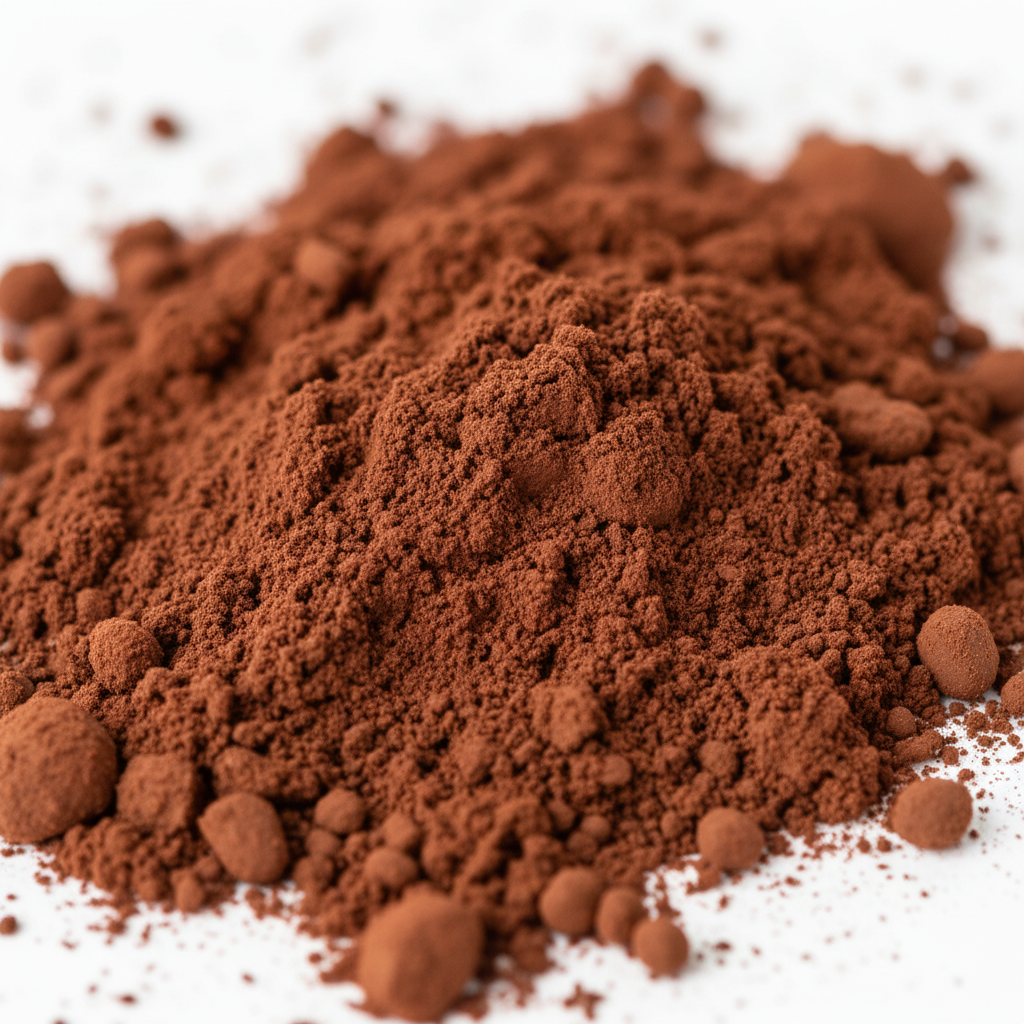Close-up textura cocoa alcalina rojiza tono rojo-marrón cálido