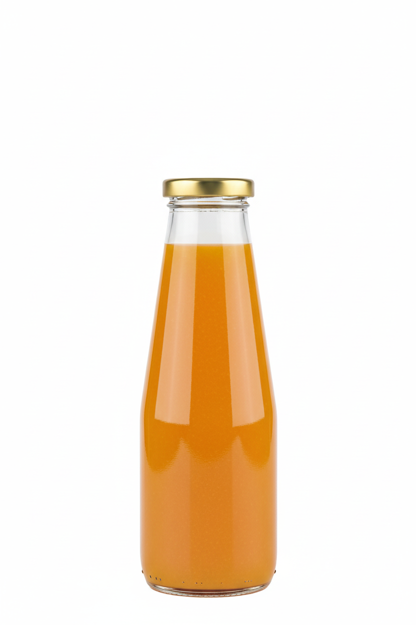 Botella de vidrio 300ml con jugo de naranja y tapa metálica Twist Off dorada